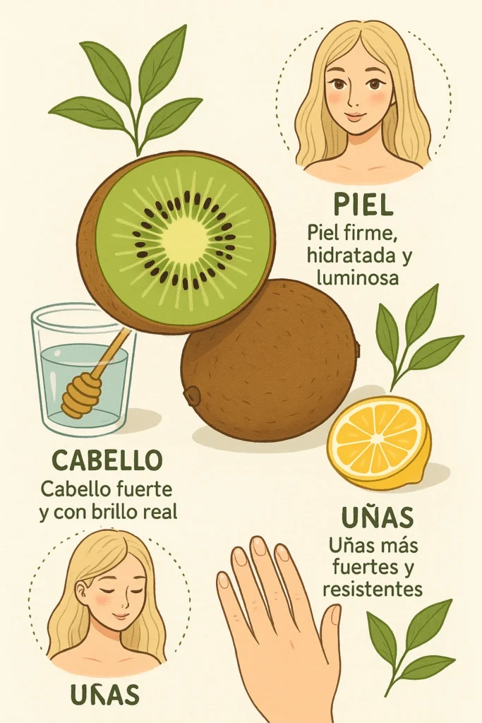 Infografía de kiwi con beneficios para piel, cabello y uñas, rodeado de hojas verdes y fondo claro