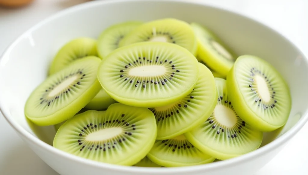 Rodajas de kiwi en un bol blanco, representando su alto contenido en vitamina C para la belleza

