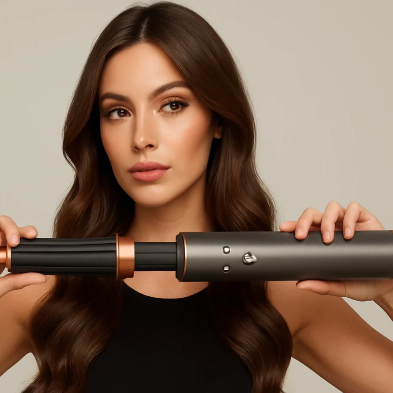 Modelo usando moldeador de pelo profesional tipo cepillo secador para ondas suaves y volumen, ideal para peinados con acabado de salón