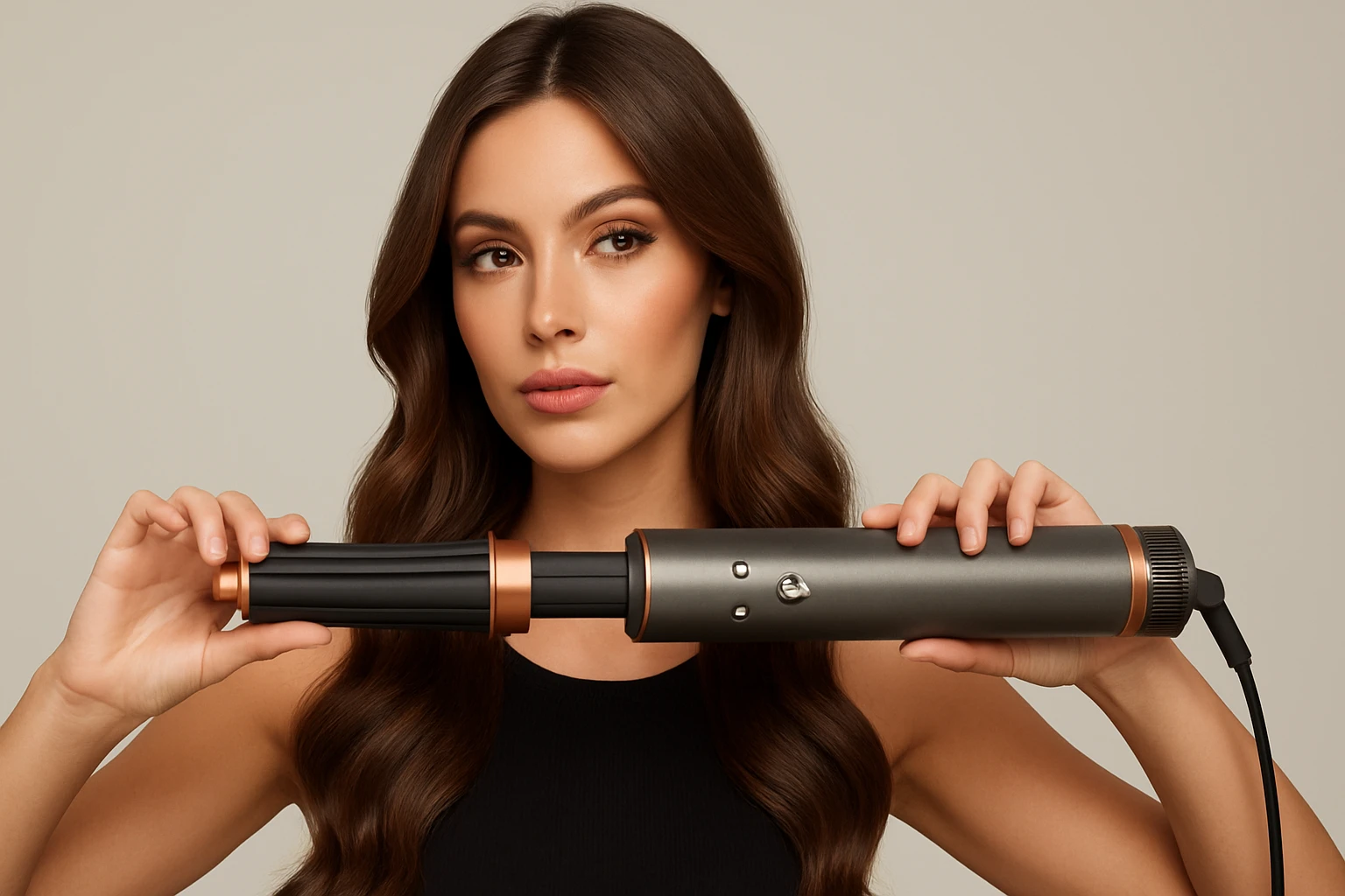 Modelo usando moldeador de pelo profesional tipo cepillo secador para ondas suaves y volumen, ideal para peinados con acabado de salón