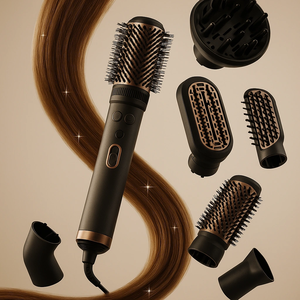 Kit de moldeador de pelo multifunción con cabezales intercambiables tipo cepillo secador, ideal para cualquier tipo de cabello.