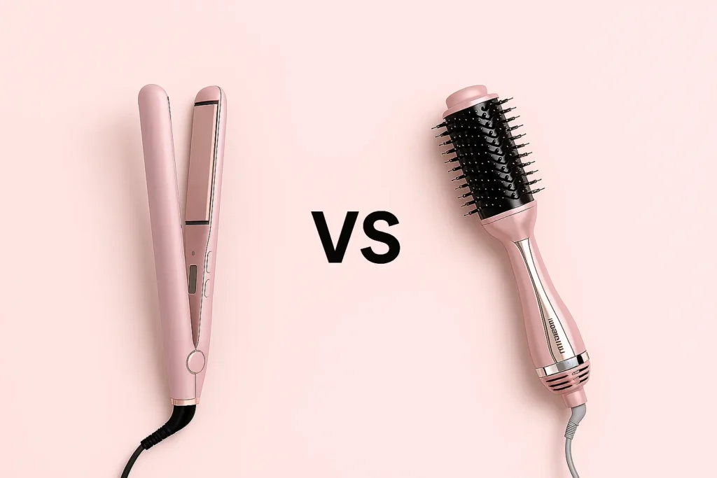 Comparativa visual entre moldeador de pelo estilo cepillo secador y plancha alisadora rosada moderna.