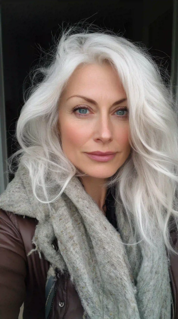 Mujer con canas luciendo su pelo blanco con estilo y confianza