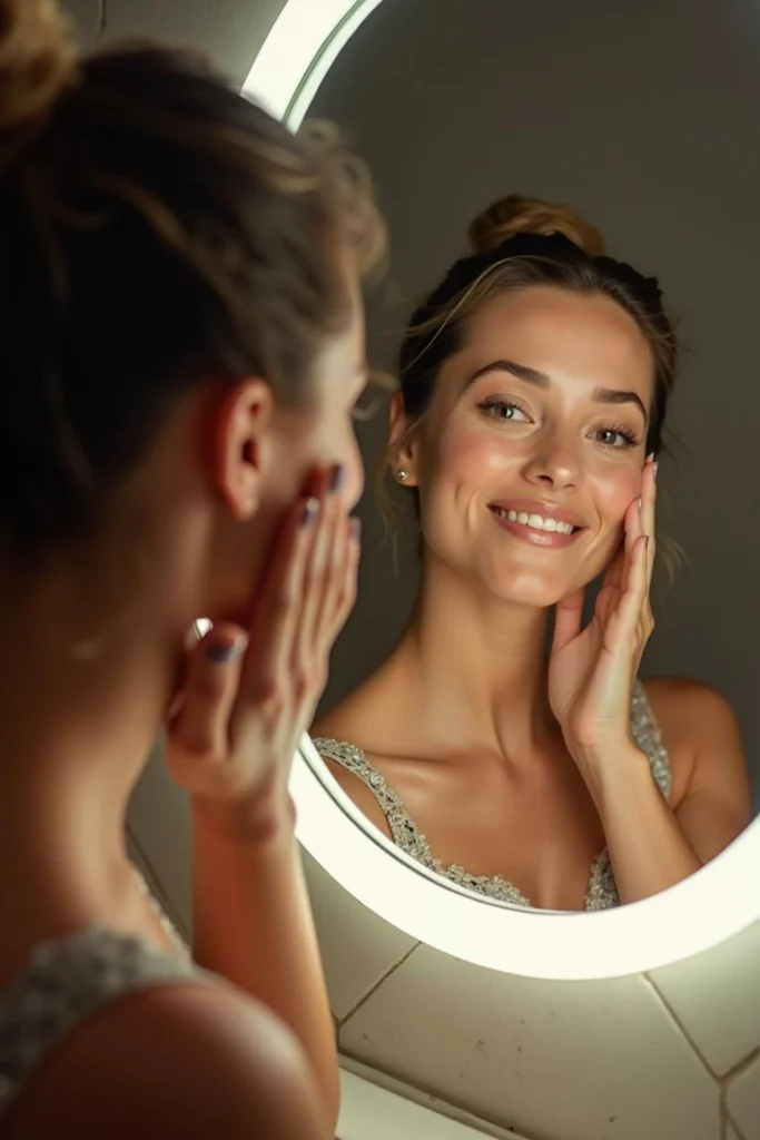 Mujer sonriendo frente al espejo, mostrando cómo entender tu subtono de piel mejora tu confianza.