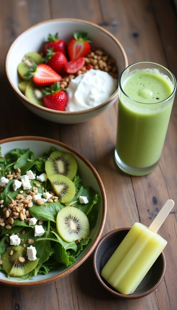 Mesa con varias recetas saludables a base de kiwi: smoothie, ensalada, bowl de desayuno de kiwi