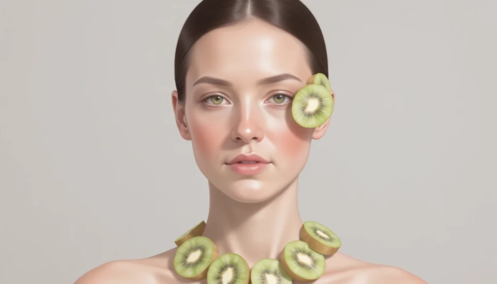 Mujer con rostro limpio y natural sosteniendo medio kiwi frente a su mejilla, imagen de autocuidado diario