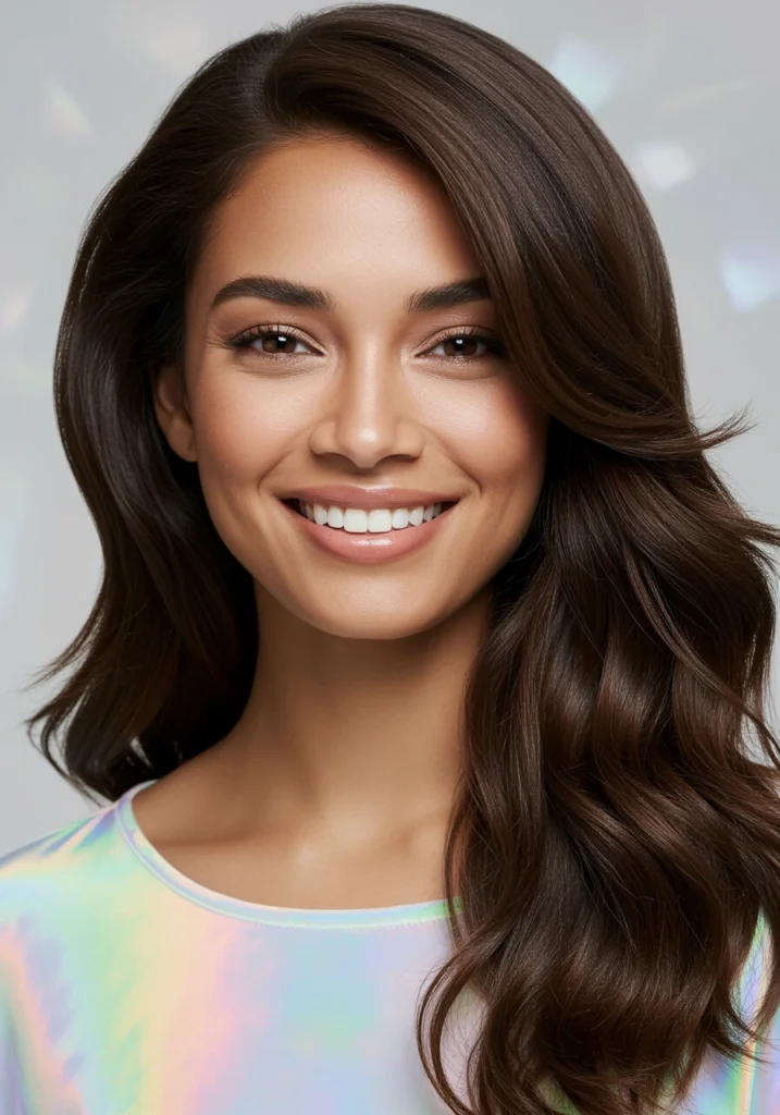Mujer sonriente con cabello castaño chocolate, ejemplo natural y favorecedor de tintes castaños para ojos marrones.