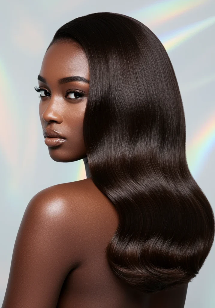 Mujer con melena castaño oscuro brillante, ejemplo elegante de tintes castaños para ojos marrones o negros.