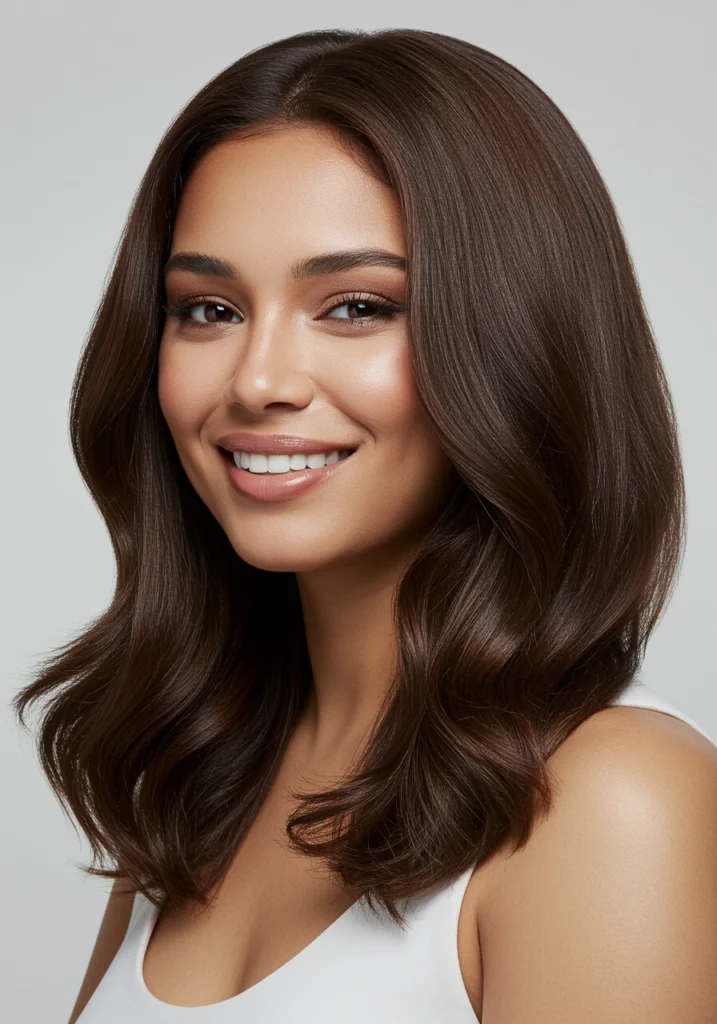 Chica con color de pelo chocolate avellana, perfecto para dar brillo y calidez a los ojos marrones.