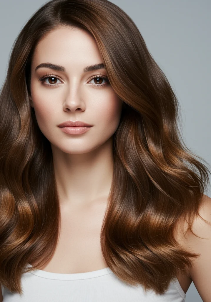 Chica con color de pelo chocolate caramelo, uno de los mejores colores de pelo para ojos marrones.