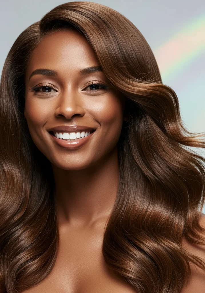 Mujer con cabello chocolate claro brillante, una opción luminosa y suave de tintes castaños para ojos marrones.