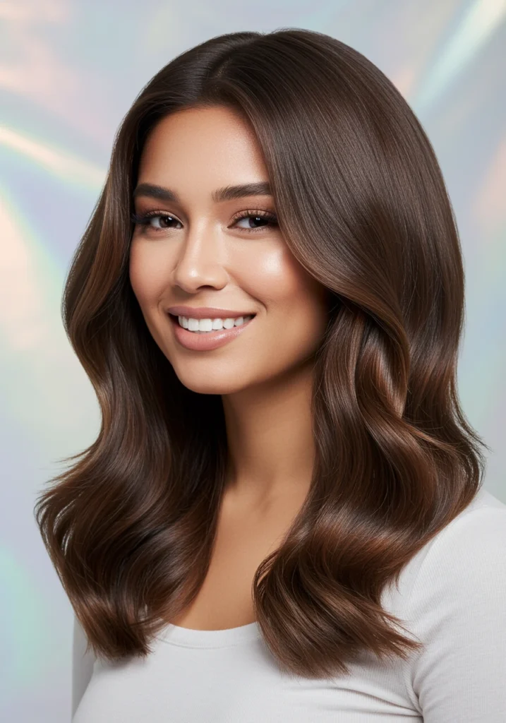 Mujer con cabello largo en tonos avellana y mocha, peinado con ondas suaves y fondo irisado.