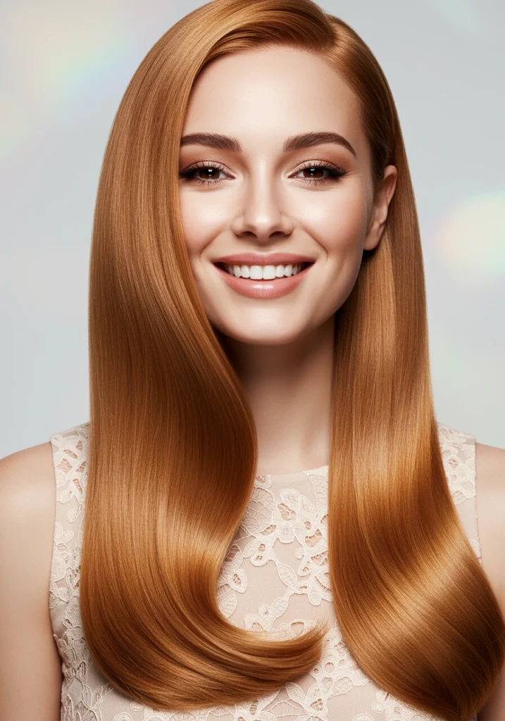 Chica con color de pelo rubio medio cobrizo dorado, un tono vibrante que ilumina los ojos marrones.