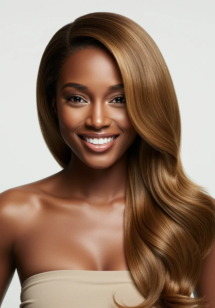 Chica con color de pelo rubio oscuro marrón dorado, ideal para resaltar los ojos marrones con un contraste suave.