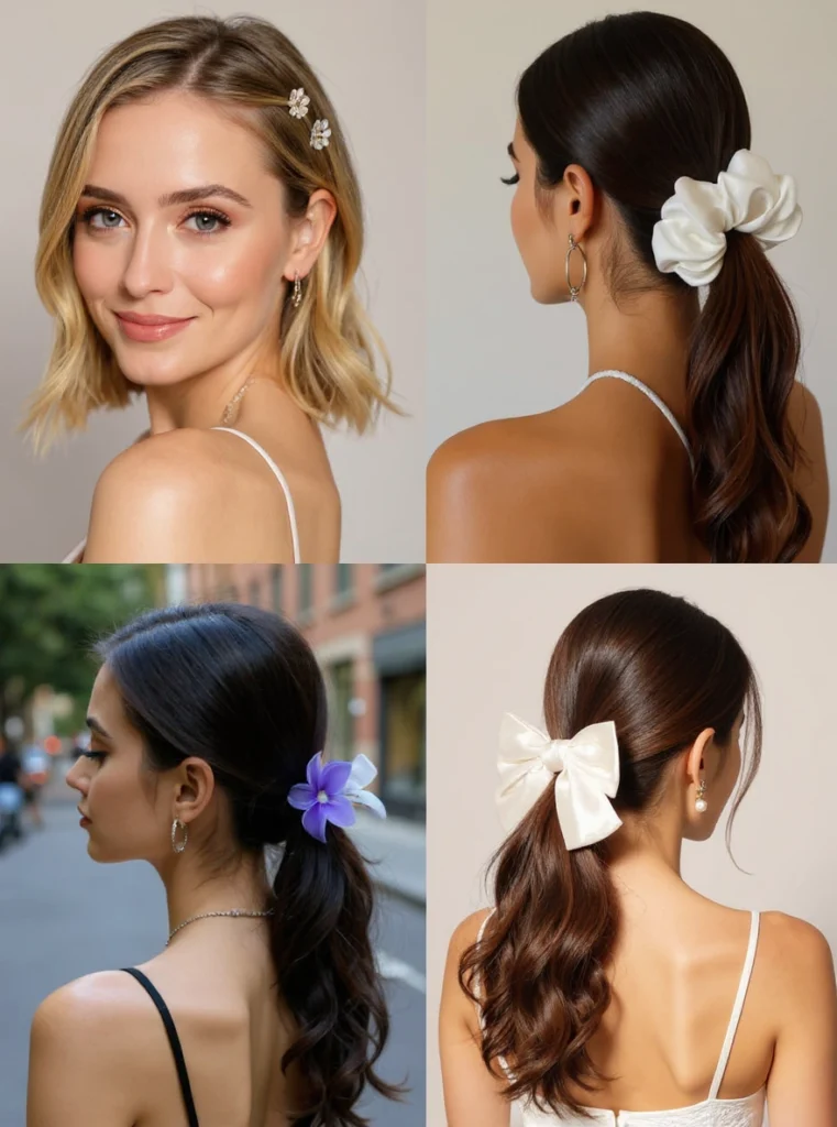 Lazos, scrunchies XL y clips florales como accesorios clave para el cabello verano 2025.