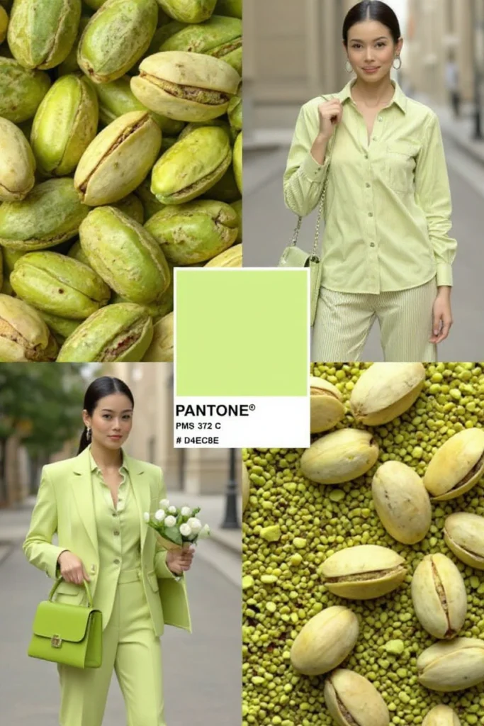 Collage de accesorios y prendas en color verde pistacho, tendencia 2025 para el armario cápsula
