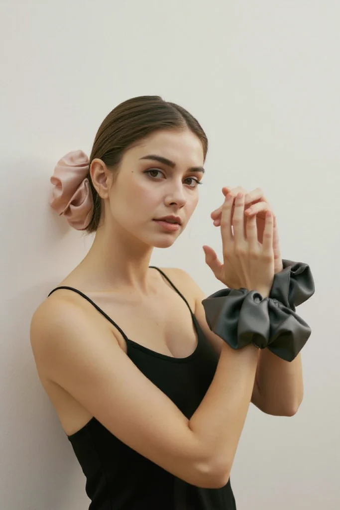 Mujer con peinado recogido usando scrunchie XL, tendencia 2025 para el armario cápsula