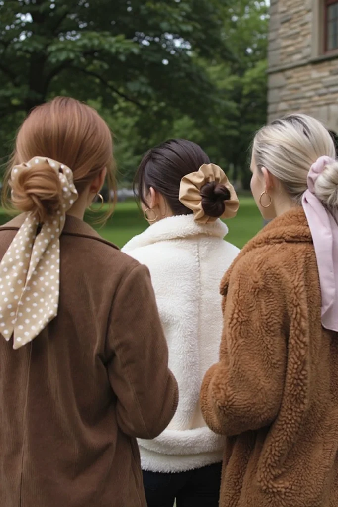 Mujeres de espaldas con peinados recogidos usando cintas XL como accesorio tendencia 2025
