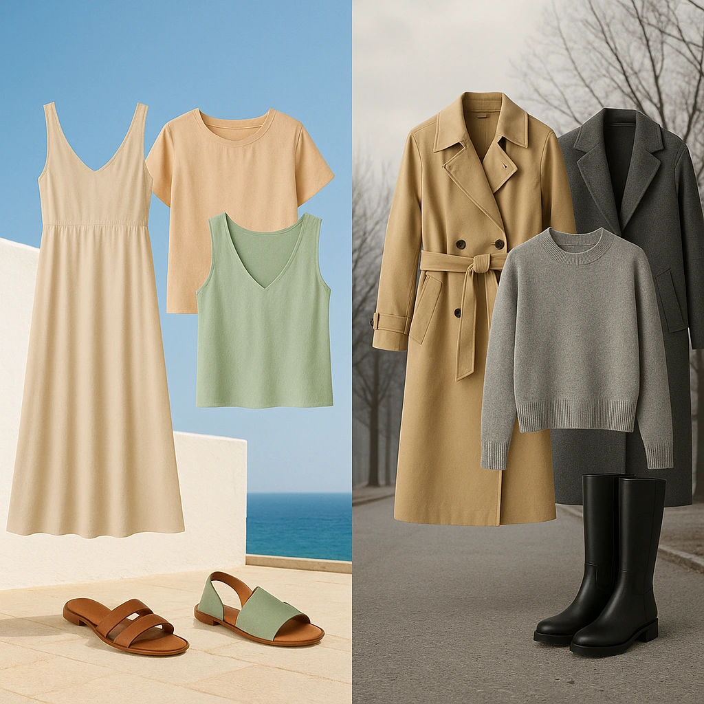 Comparación de prendas cápsula de verano con vestidos y sandalias junto a ropa de invierno como abrigos y botas