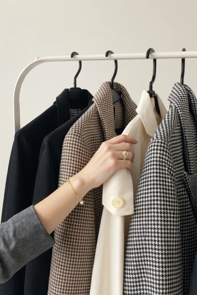 Mujer eligiendo ropa en tonos neutros de un armario cápsula minimalista