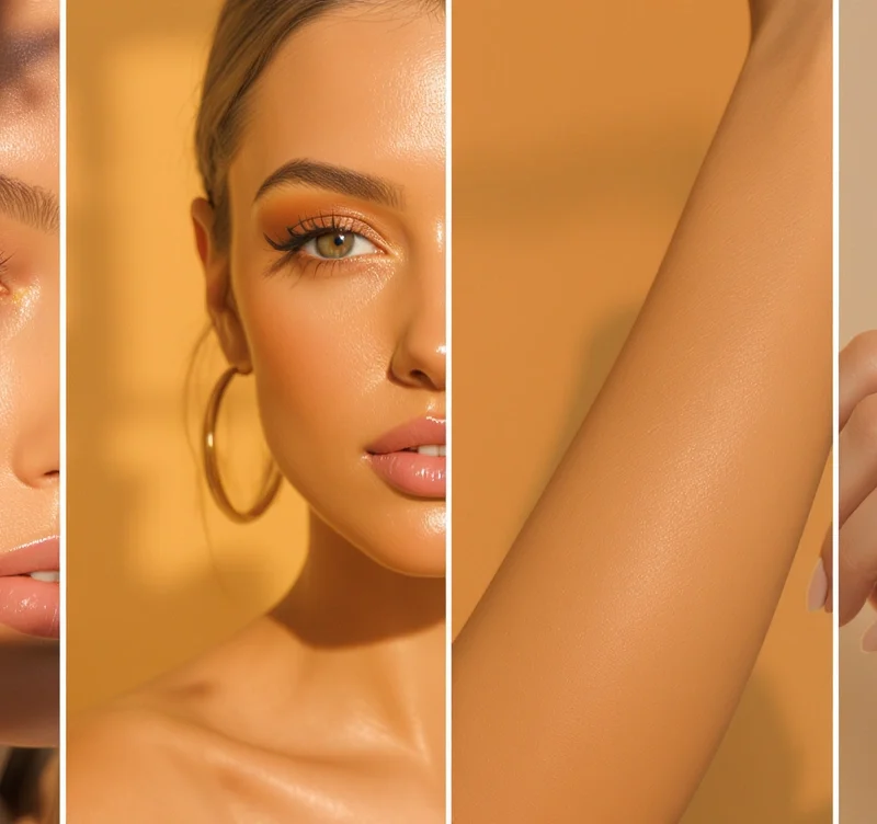 Mujer con diferentes tonos cálidos de cabello mostrando opciones de tinte según colorimetría otoño.