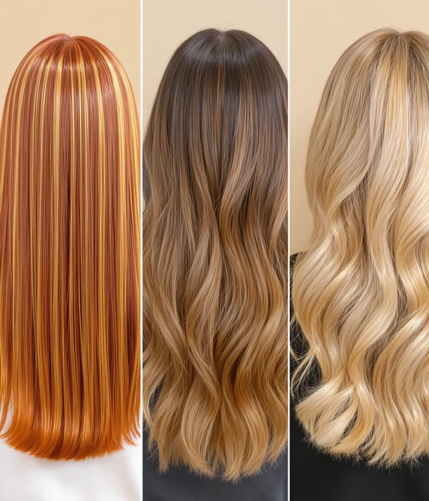 Cabello con reflejos y mechas doradas que aportan dimensión y suavidad, ideal para realzar la feminidad.