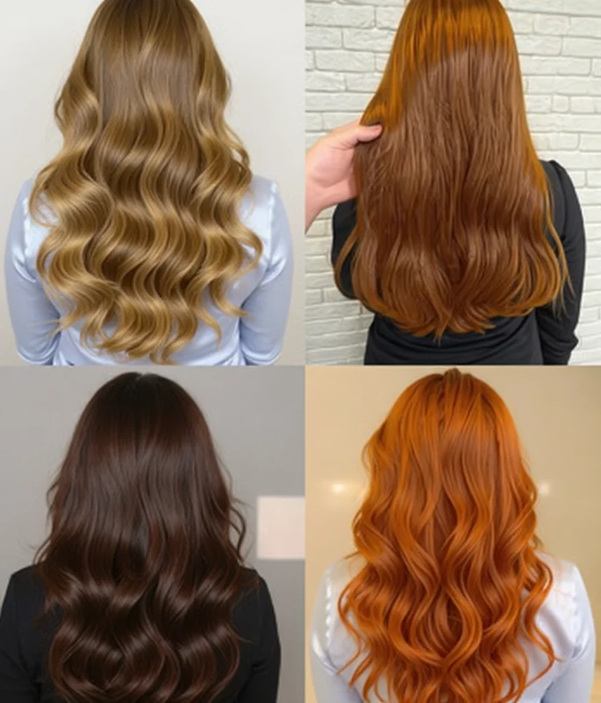 Tonos de cabello cálidos como caramelo, caoba y cobre en envases de tintes ideales para otoño.