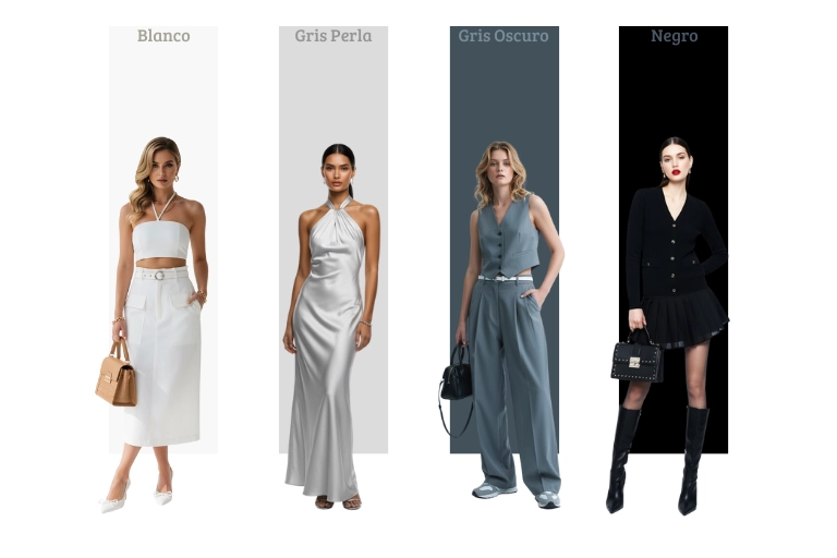 Tendencias moda invierno 2025 con looks en blanco gris perla gris oscuro y negro