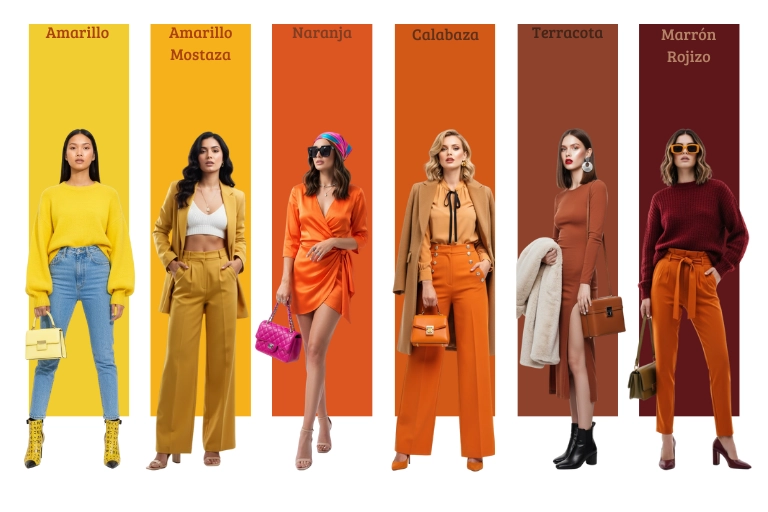 Tendencias moda otoño 2025 con looks en amarillo amarillo mostaza naranja calabaza terracota y marrón rojizo