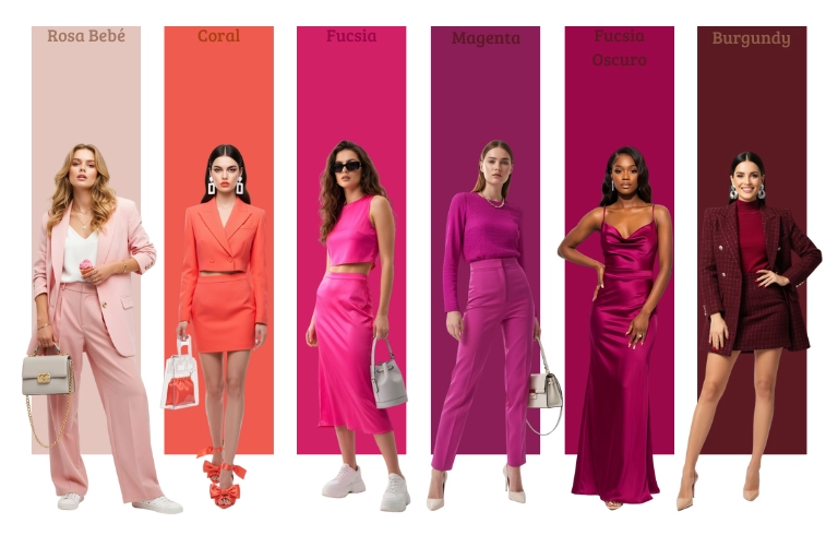 Tendencias moda otoño 2025 con looks en rosa bebé coral fucsia magenta fucsia oscuro y burgundy