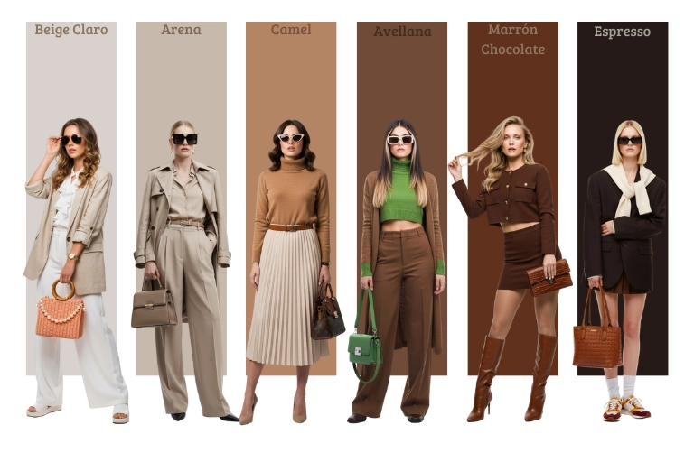 Tendencias moda otoño invierno 2025 con looks en tonos beige claro arena camel avellana marrón chocolate y espresso