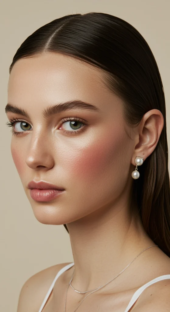 Close-up de mujer con maquillaje natural y pendientes de perlas, reflejando la elegancia sutil del estilo old money.