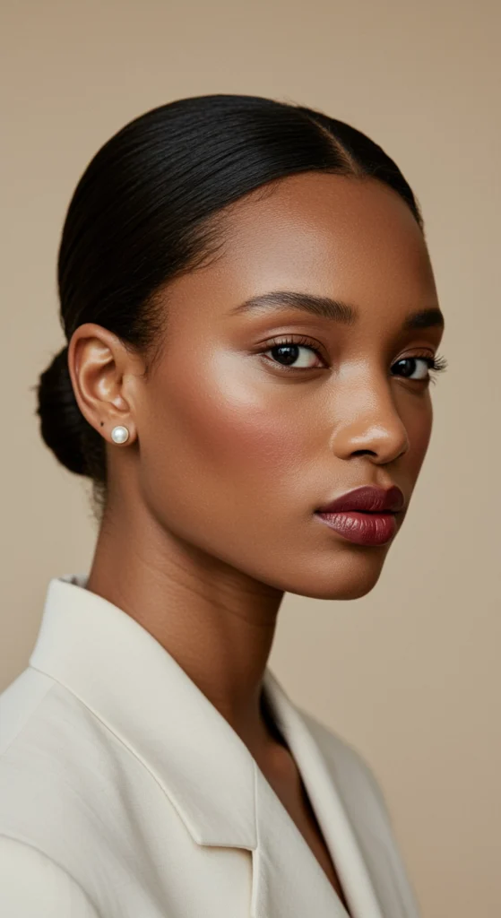 Primer plano de mujer con maquillaje elegante, labios rojos, pendientes de perlas y blazer claro, representando el estilo old money.