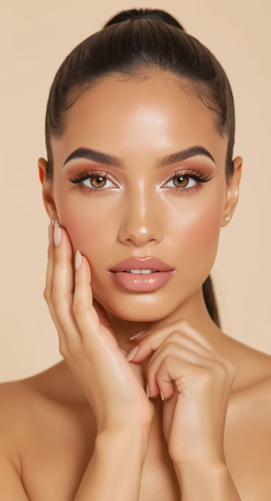 Primer plano de mujer con maquillaje luminoso y piel radiante, estilo natural y elegante típico del look old money.