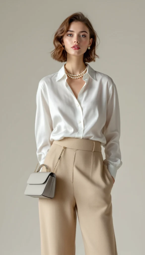 Mujer con camisa blanca de seda, pantalón beige de vestir, collar de perlas y bolso mini elegante.