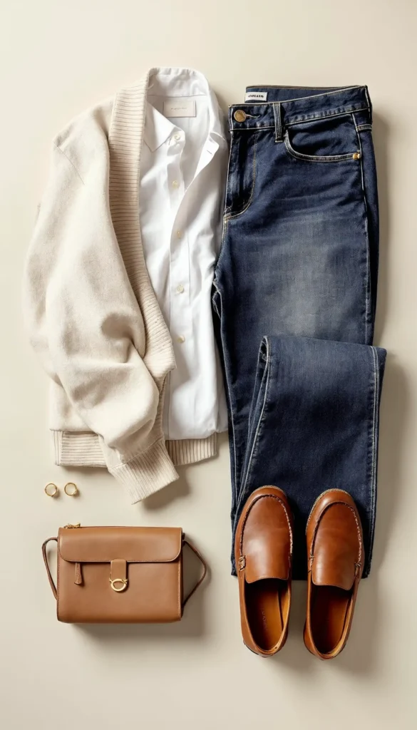Outfit estilo old money: camisa blanca, cárdigan beige, jeans oscuros, mocasines y bolso de cuero marrón.