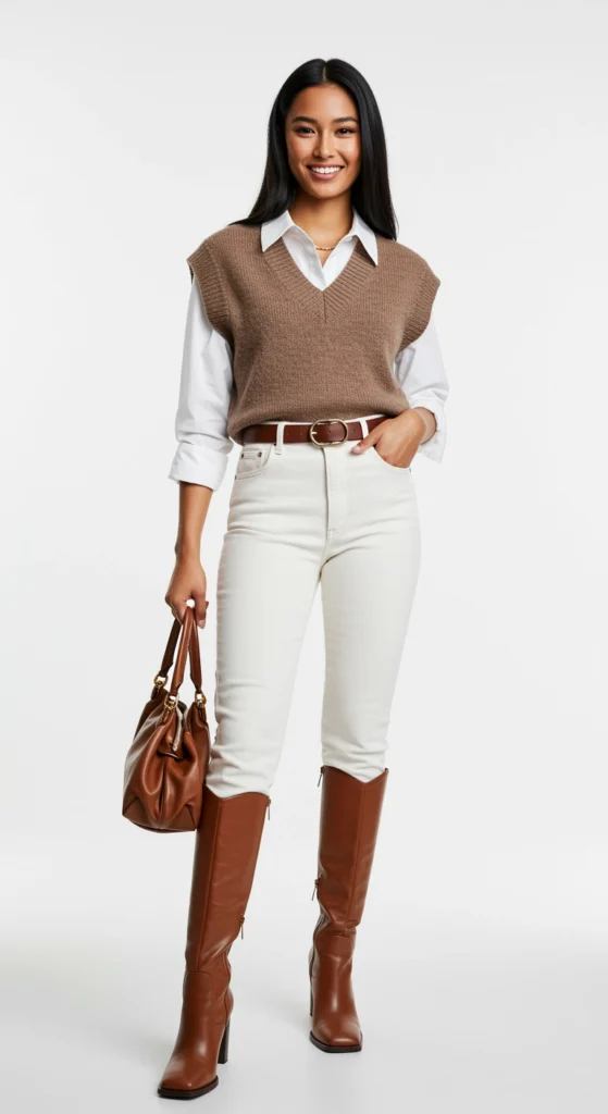 Mujer con outfit estilo old money: chaleco de punto marrón, camisa blanca, pantalón claro y botas altas de cuero.