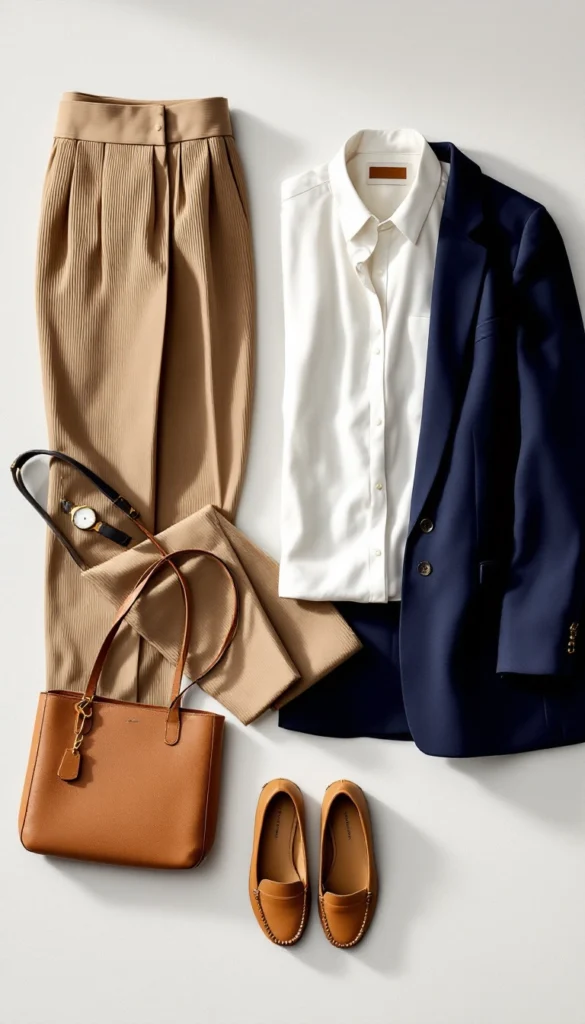 Outfit estilo old money con blazer azul marino, camisa blanca, pantalón beige plisado y accesorios en cuero marrón.