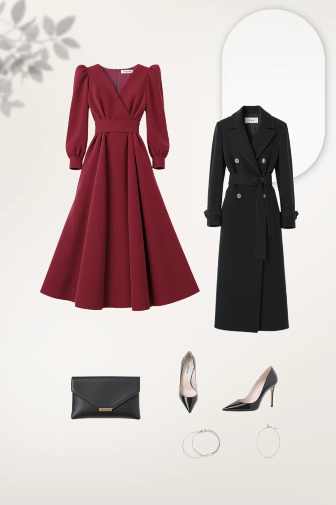 Outfit estilo old money elegante: vestido largo color vino, abrigo negro, tacones clásicos, clutch negro y accesorios dorados.