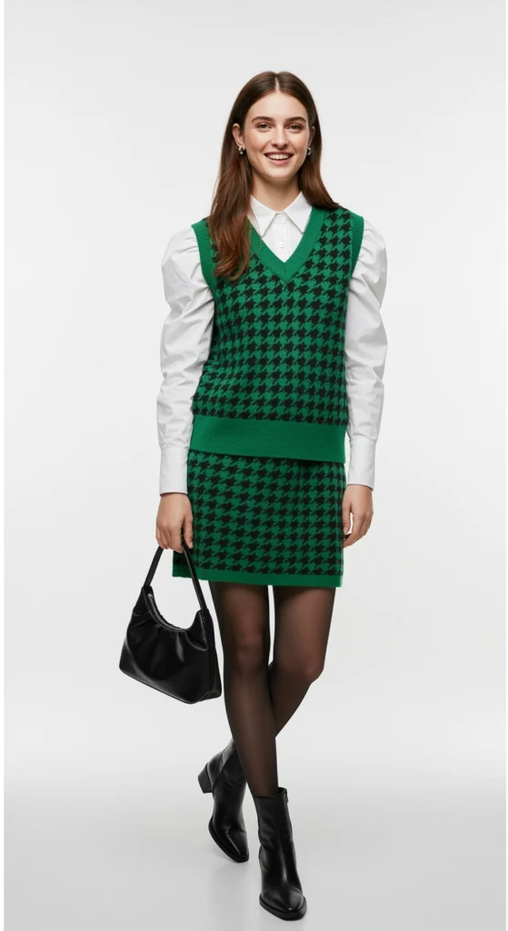 Mujer con look old money en conjunto de falda y chaleco verde con estampado vichy, camisa blanca y botines negros.