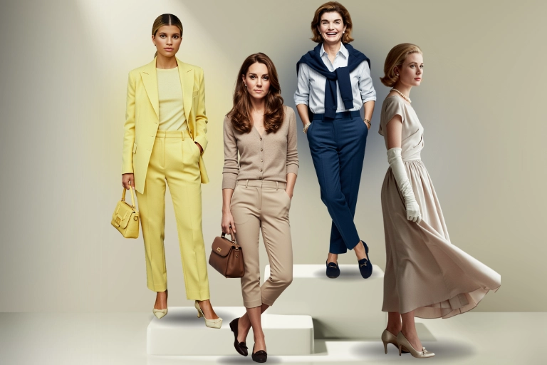 Cuatro mujeres con outfits estilo old money con trajes de sastre, pantalones clásicos, vestidos midi y accesorios sofisticados.