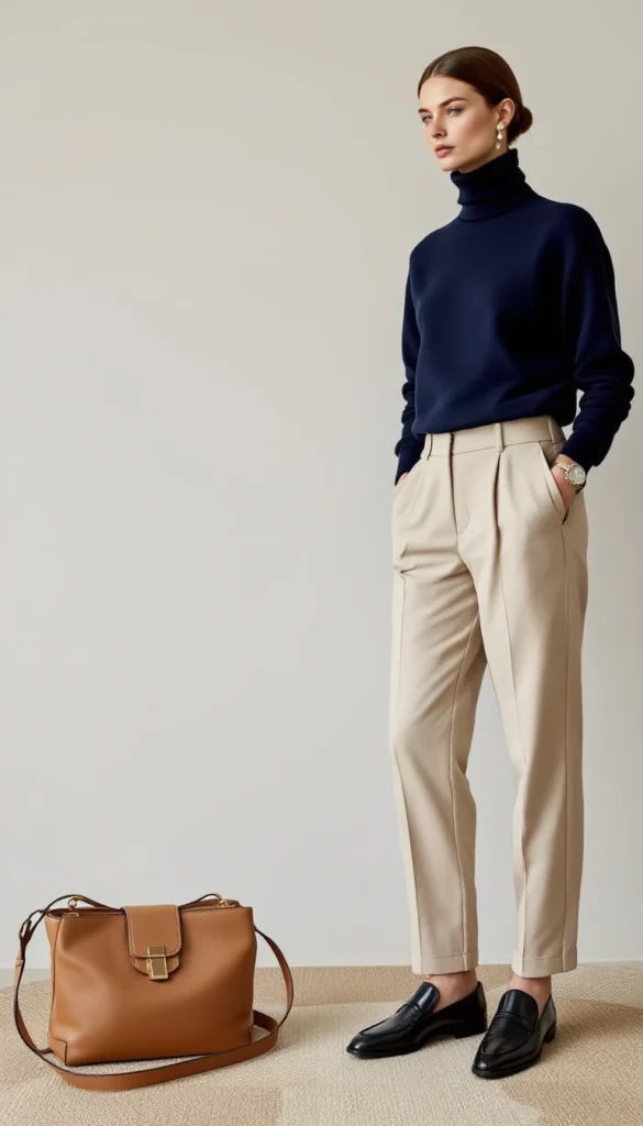 Mujer con outfit old money minimalista: suéter azul marino de cuello alto, pantalón beige de pinzas, mocasines negros y bolso marrón.