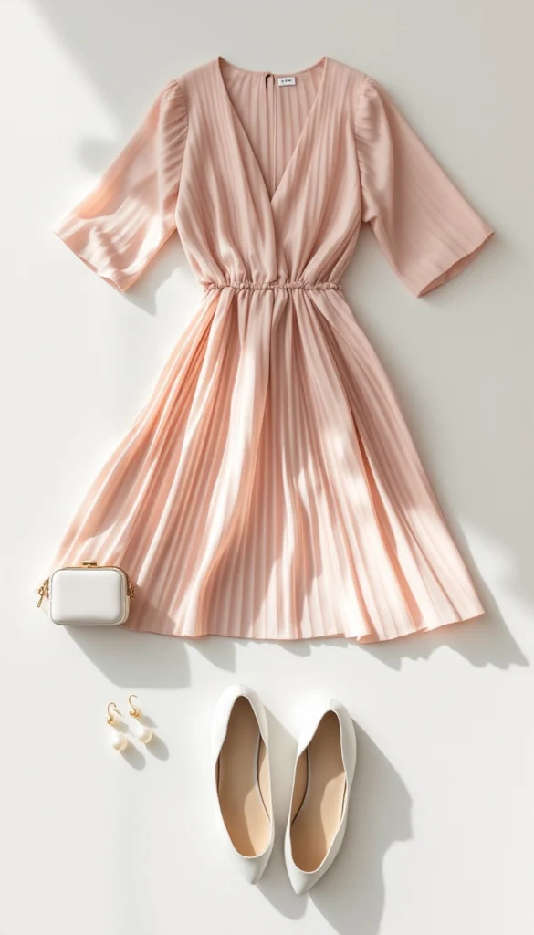 Outfit estilo old money con vestido rosa claro plisado, zapatos blancos, bolso mini blanco y pendientes de perlas.