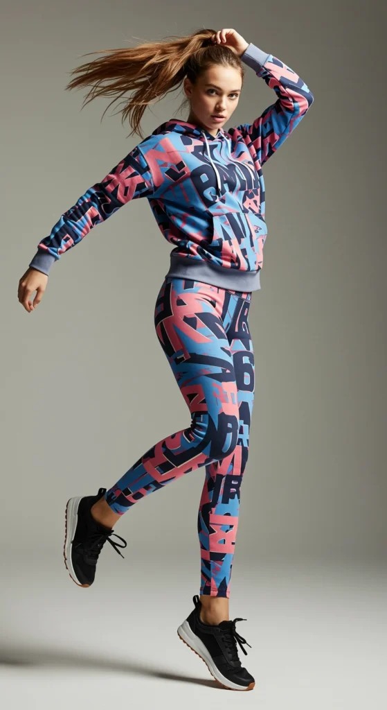 Mujer con outfit deportivo con conjunto colorido de leggings y sudadera con estampado gráfico, zapatillas negras y peinado recogido.