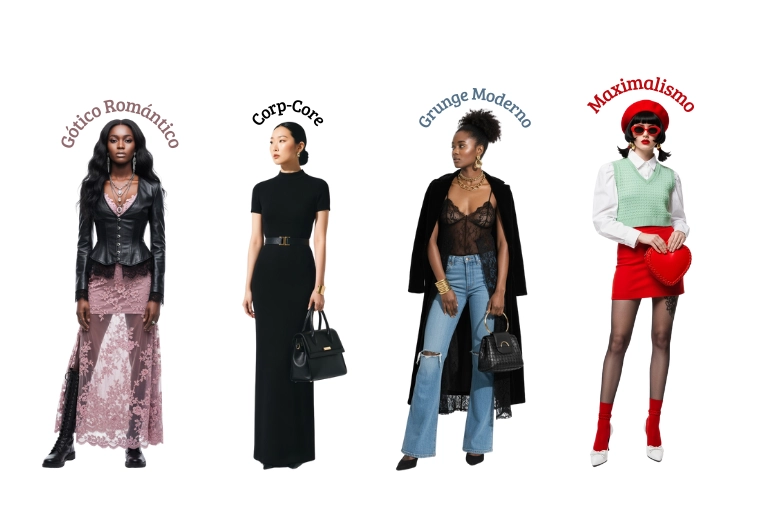 Tendencias outfits invierno 2025 con estilos gótico romántico corp core grunge moderno y maximalismo