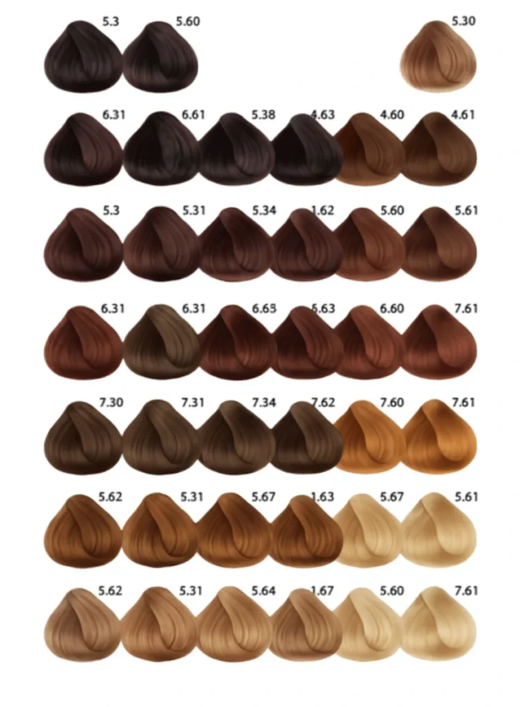 diferentes tonos de cabello castaño paleta de colores oscuros claros, medios y oscuros