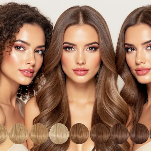 tintes castaños 2025 con tres mujeres de cabello rizado, liso y ondulado en tonos castaños brillantes, acompañadas de una tabla de colores de castaño claro a oscuro sobre fondo neutro.
