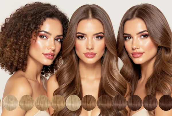 tintes castaños 2025 con tres mujeres de cabello rizado, liso y ondulado en tonos castaños brillantes, acompañadas de una tabla de colores de castaño claro a oscuro sobre fondo neutro.