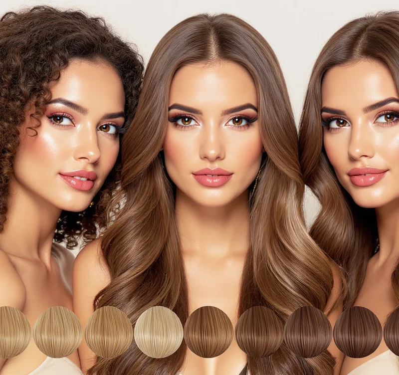 tintes castaños 2025 con tres mujeres de cabello rizado, liso y ondulado en tonos castaños brillantes, acompañadas de una tabla de colores de castaño claro a oscuro sobre fondo neutro.