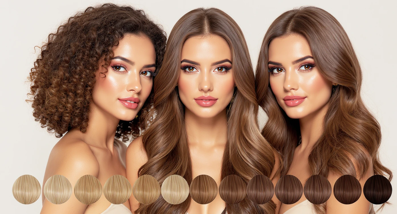 tintes castaños 2025 con tres mujeres de cabello rizado, liso y ondulado en tonos castaños brillantes, acompañadas de una tabla de colores de castaño claro a oscuro sobre fondo neutro.
